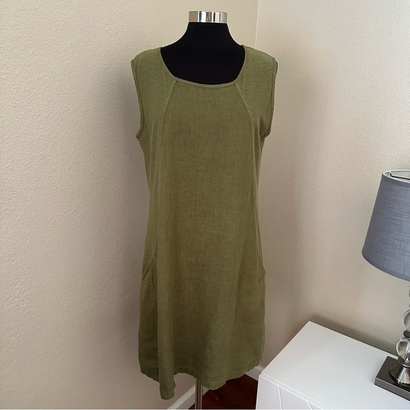 Cut Loose Linen Blend Mixed Media Lagenlook Army Green Midi Dress Size L - Picture 1 of 13
